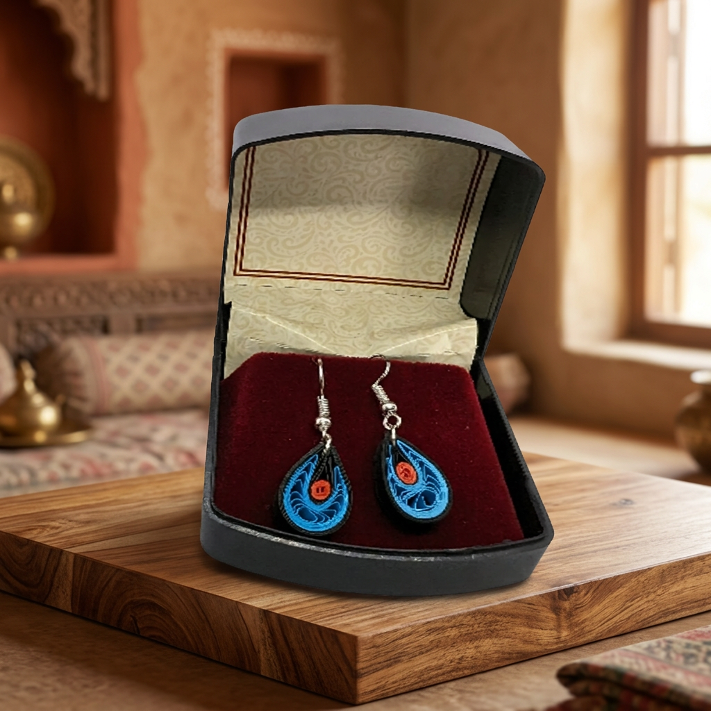 KAGDI KALA Handmade Blue Teardrop Dangle Earrings Pack of 1 Pair Lightweight Eco Friendly Artistic Crafted Traditional Stylish Durable Everyday Wear Design