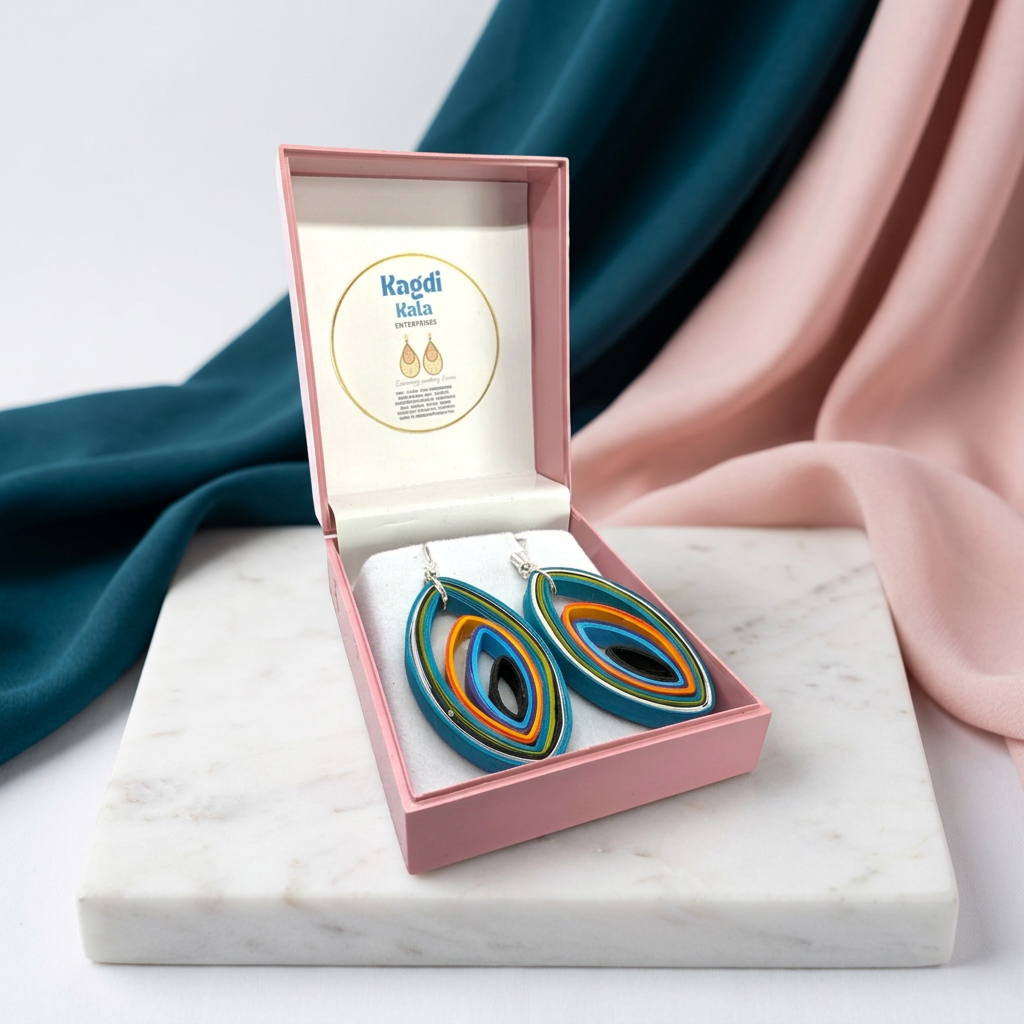 KAGDI KALA Handmade Artistic Paper Quilled Oval Earrings Pack of 1 Pair Eco Friendly Lightweight Elegant Crafted Traditional Stylish Daily Wear Design