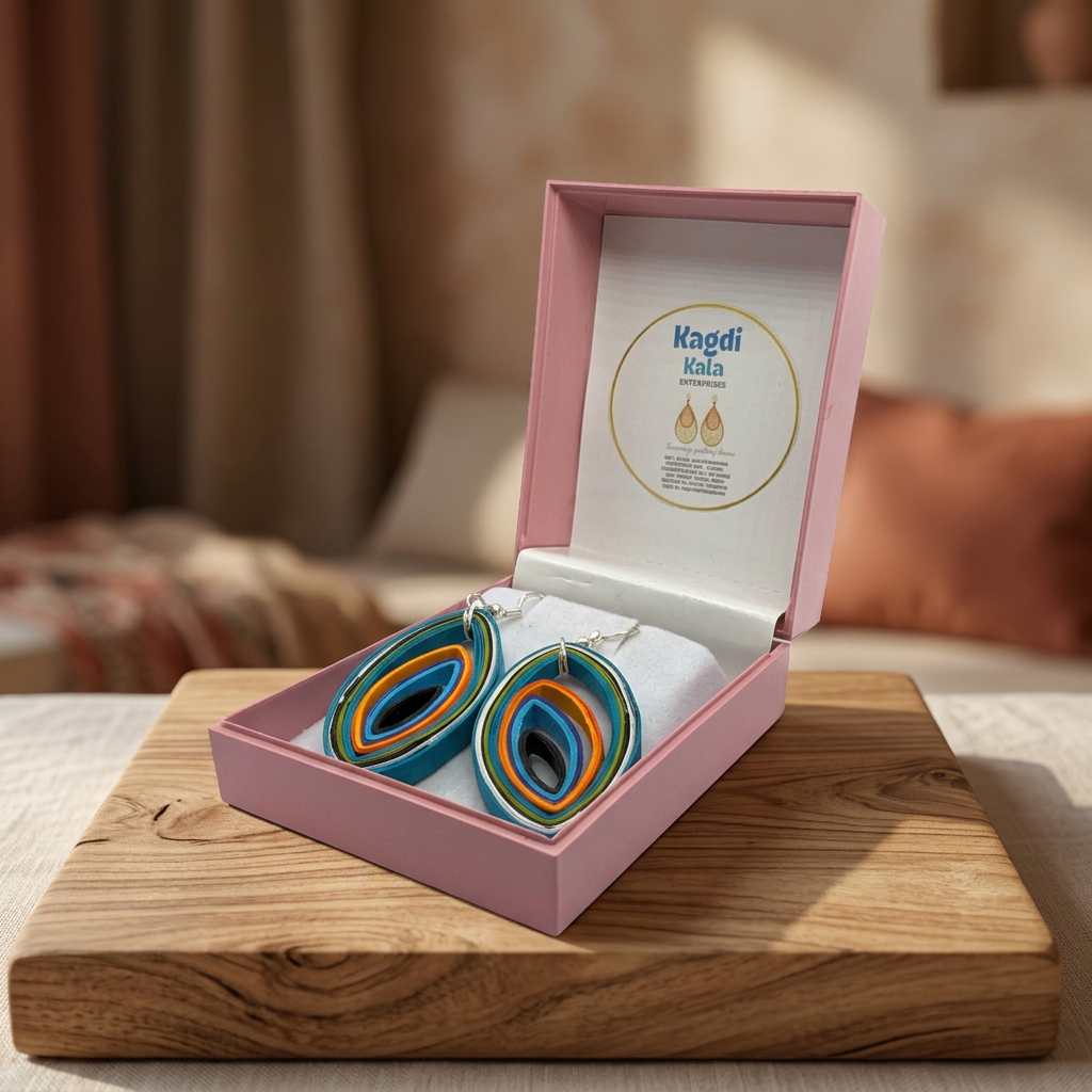 KAGDI KALA Handmade Artistic Paper Quilled Oval Earrings Pack of 1 Pair Eco Friendly Lightweight Elegant Crafted Traditional Stylish Daily Wear Design