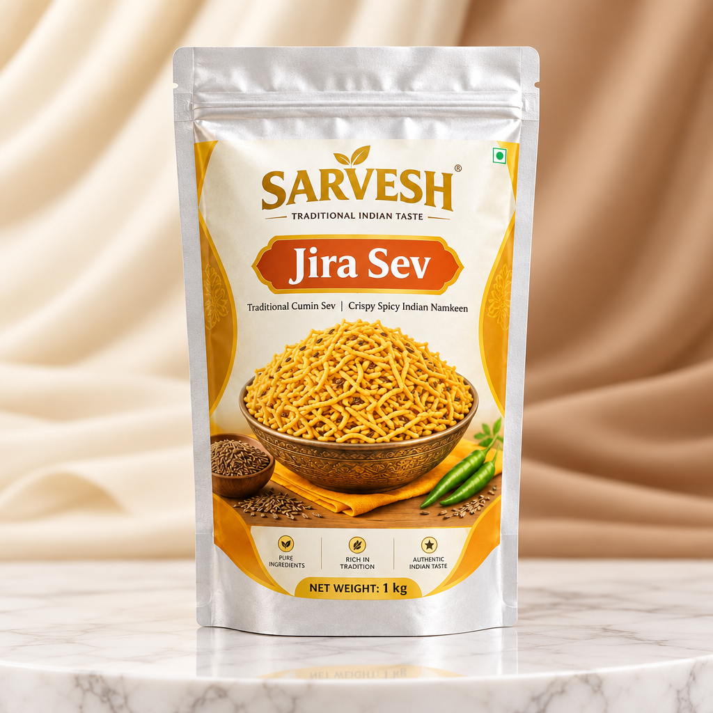 SARVESH Jira Sev Pack Of 1kg Traditional Cumin Sev Crispy Spicy Indian Namkeen Savoury Tea Time Snack