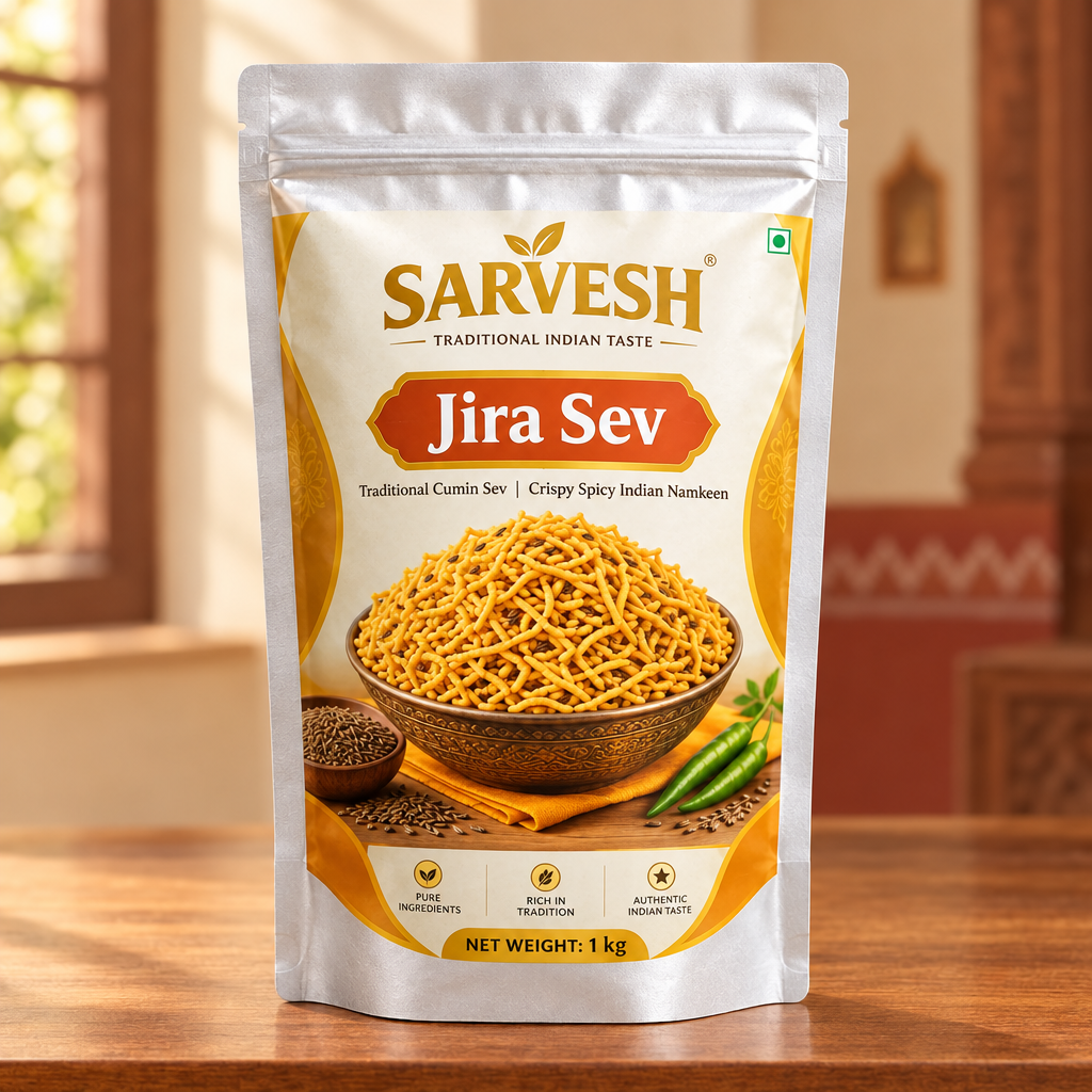 SARVESH Jira Sev Pack Of 1kg Traditional Cumin Sev Crispy Spicy Indian Namkeen Savoury Tea Time Snack