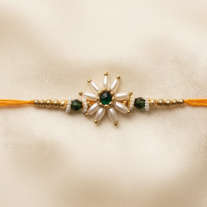 SN Parijat Green Pearl Rakhi Pack Of 1 Piece Traditional Handcrafted Parijat Inspired Floral Rakhi Elegant Green Pearl Detailing Festive Gift For Brother
