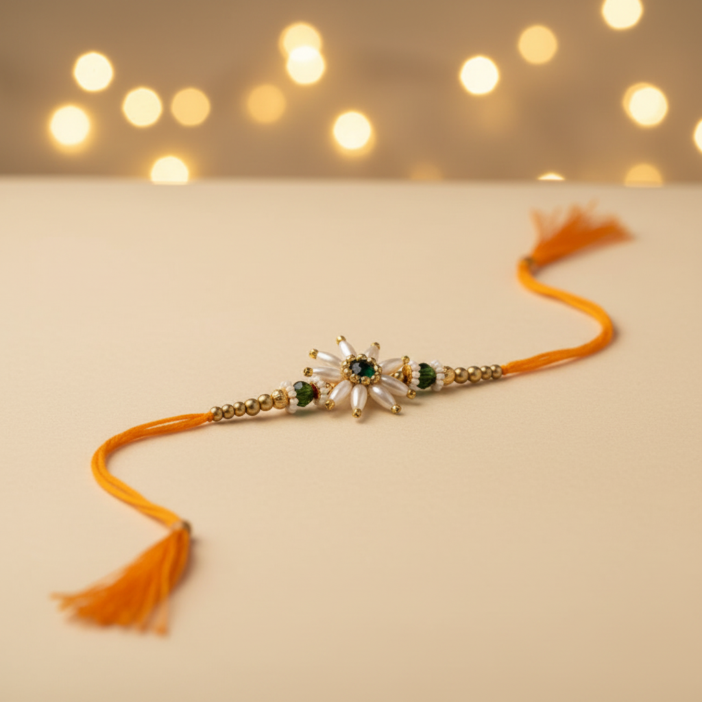 SN Parijat Green Pearl Rakhi Pack Of 1 Piece Traditional Handcrafted Parijat Inspired Floral Rakhi Elegant Green Pearl Detailing Festive Gift For Brother