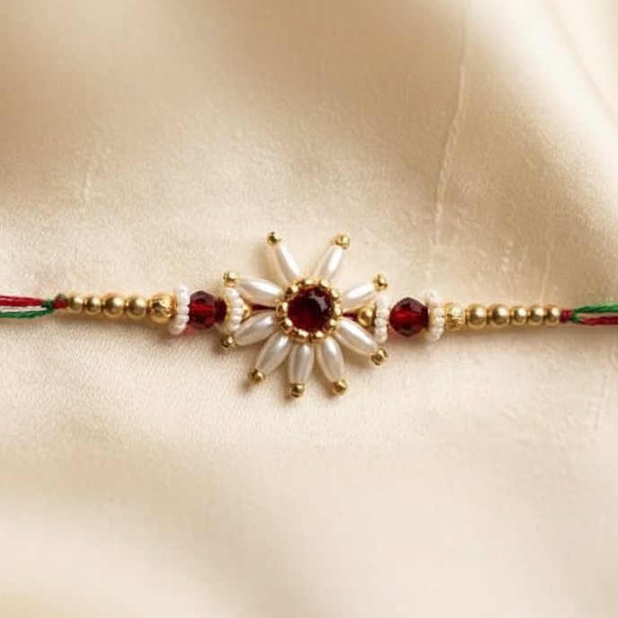 SN Parijat Red Colour Pearl Rakhi Pack Of 1 Piece Traditional Handcrafted Parijat Inspired Rakhi Elegant Red Pearl Detailing Festive Gift For Brother