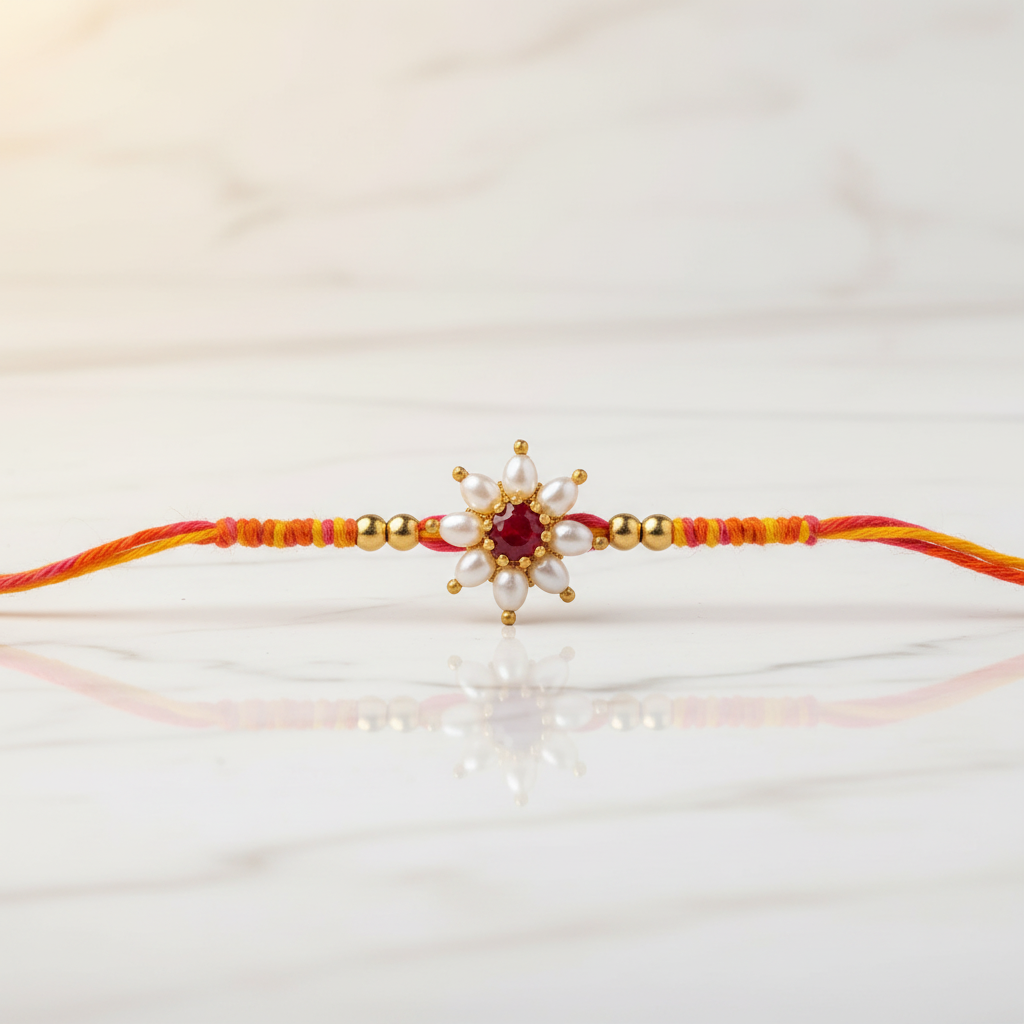 SN Parijat Rice Pearl Rakhi Pack Of 1 Piece Traditional Handcrafted Parijat Inspired Floral Rakhi Elegant Rice Pearl Detailing Festive Gift For Brother