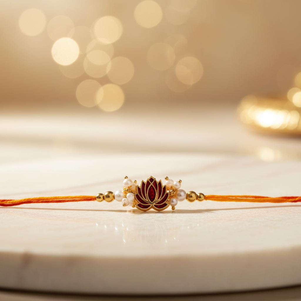 SN Red And Golden Colour Lotus And White Colour Moti Rakhi Pack Of 1 Piece Traditional Handcrafted Lotus Rakhi Elegant Festive Gift For Brother
