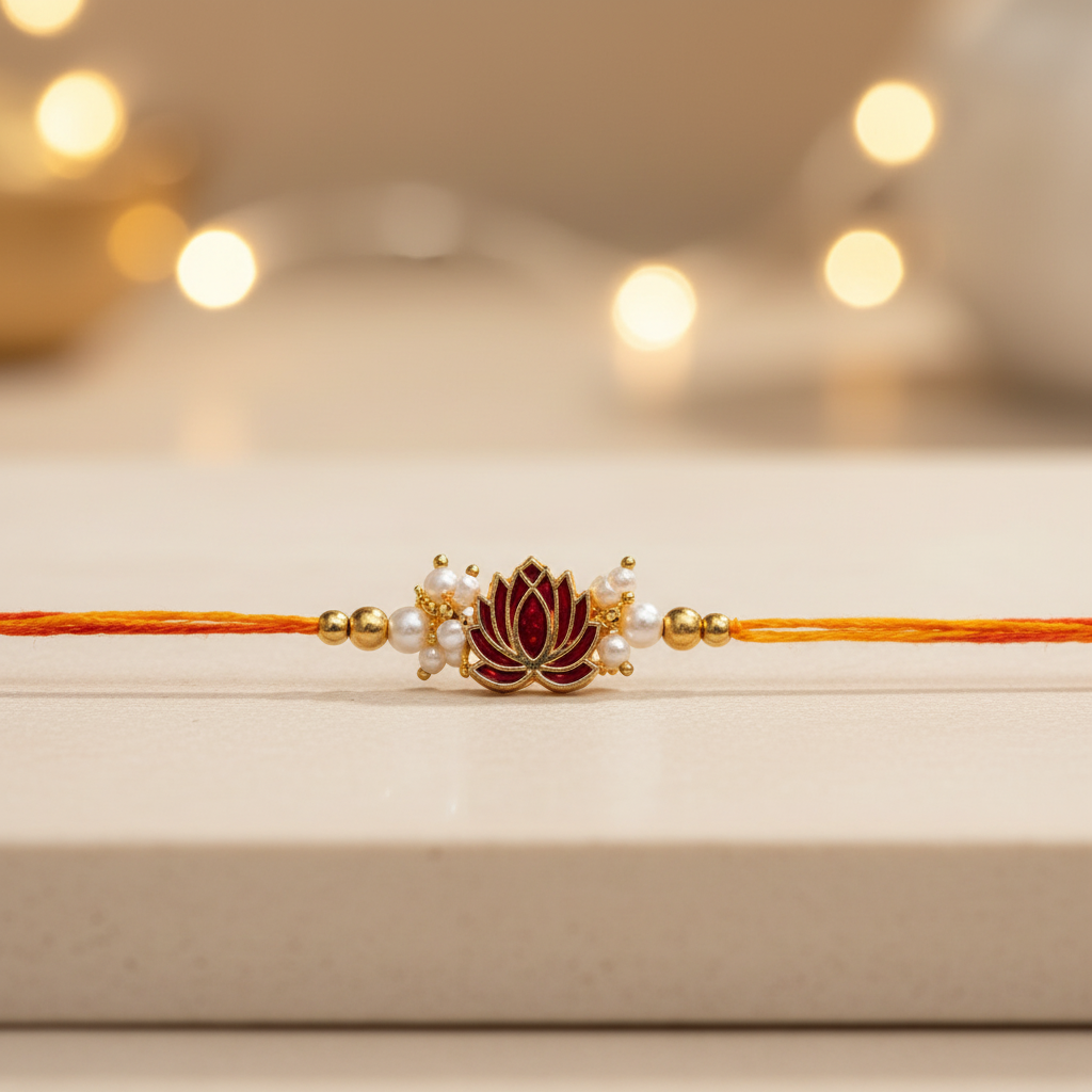 SN Red And Golden Colour Lotus And White Colour Moti Rakhi Pack Of 1 Piece Traditional Handcrafted Lotus Rakhi Elegant Festive Gift For Brother