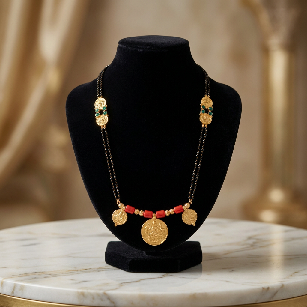 SN HANDMADE JEWELLERY Laxmi Coin Mangalsutra With Earrings Pack of 1 Set Traditional Temple Design Lightweight Festive Artificial Jewelry