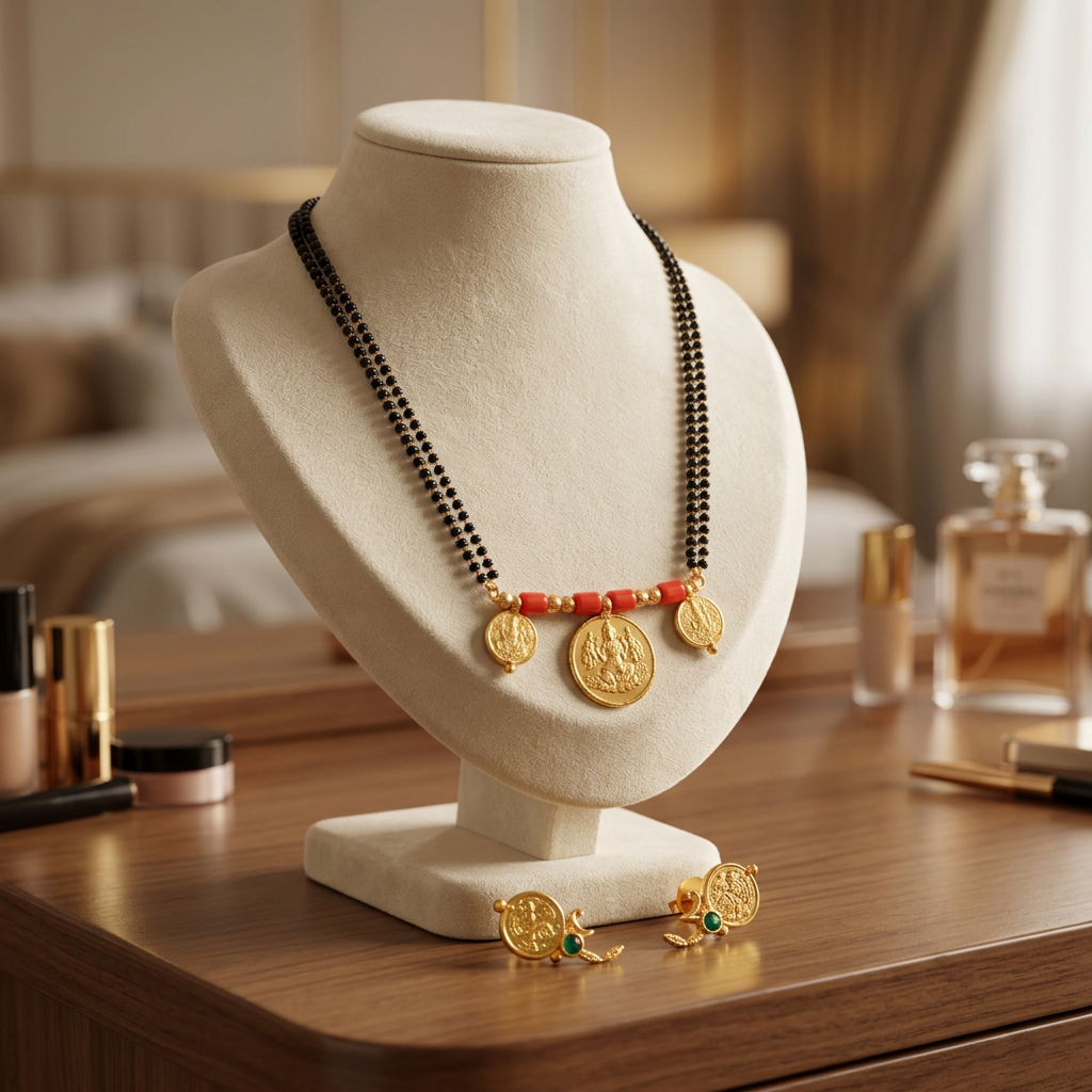 SN HANDMADE JEWELLERY Laxmi Coin Mangalsutra With Earrings Pack of 1 Set Traditional Temple Design Lightweight Festive Artificial Jewelry