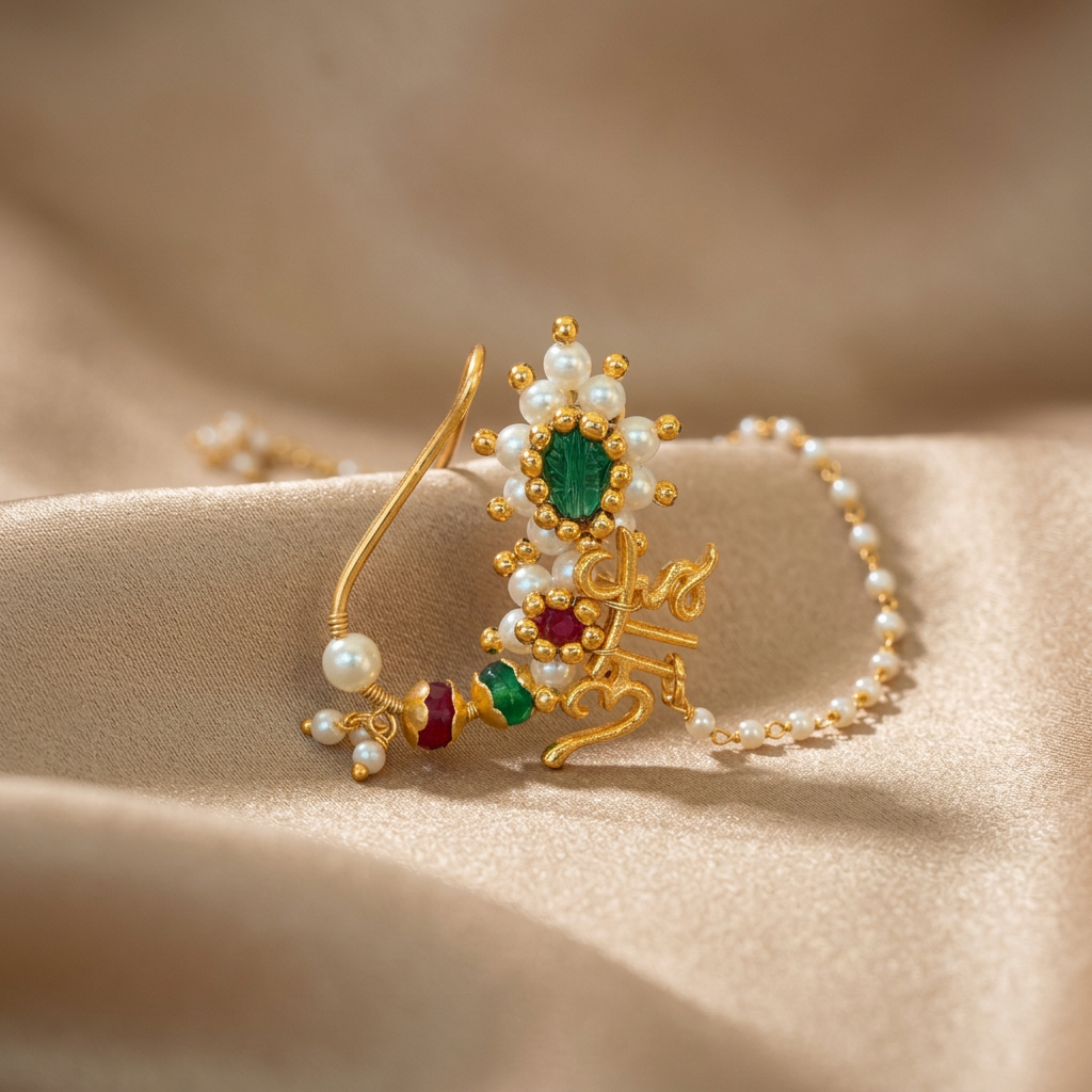 SN HANDMADE JEWELLERY Handmade Chandrakor Aai Design Nosepin Nath Set Pack of 1 Set Traditional Elegant Lightweight Cultural Festive Daily Wear Design