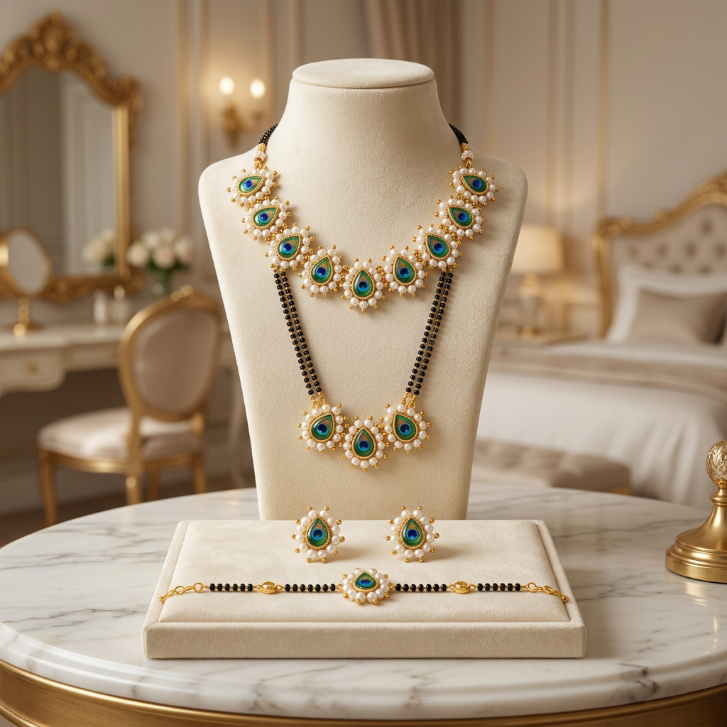 SN HANDMADE JEWELLERY Handmade Peacock Design Mangalsutra Necklace Earrings Set Pack of 1 Set Traditional Elegant Lightweight Cultural Festive Wedding Wear Design