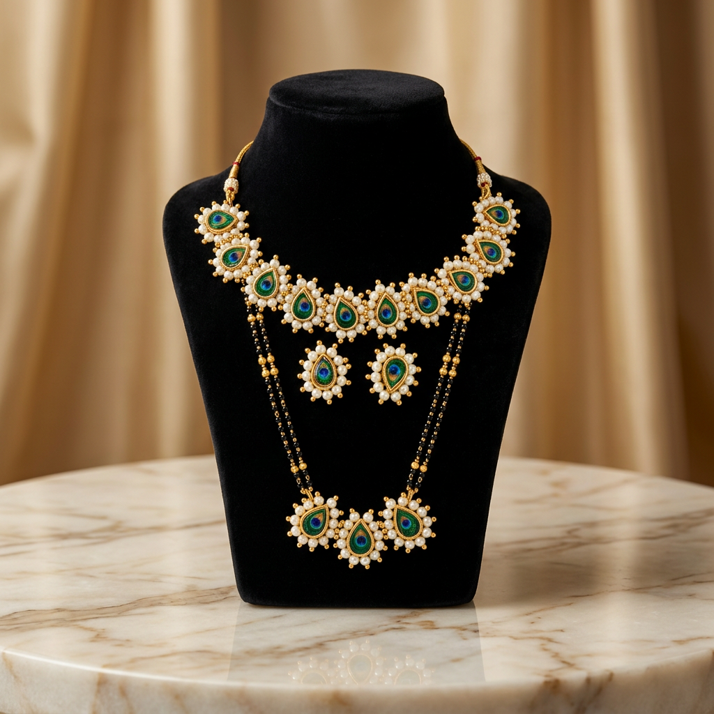 SN HANDMADE JEWELLERY Handmade Peacock Design Mangalsutra Necklace Earrings Set Pack of 1 Set Traditional Elegant Lightweight Cultural Festive Wedding Wear Design