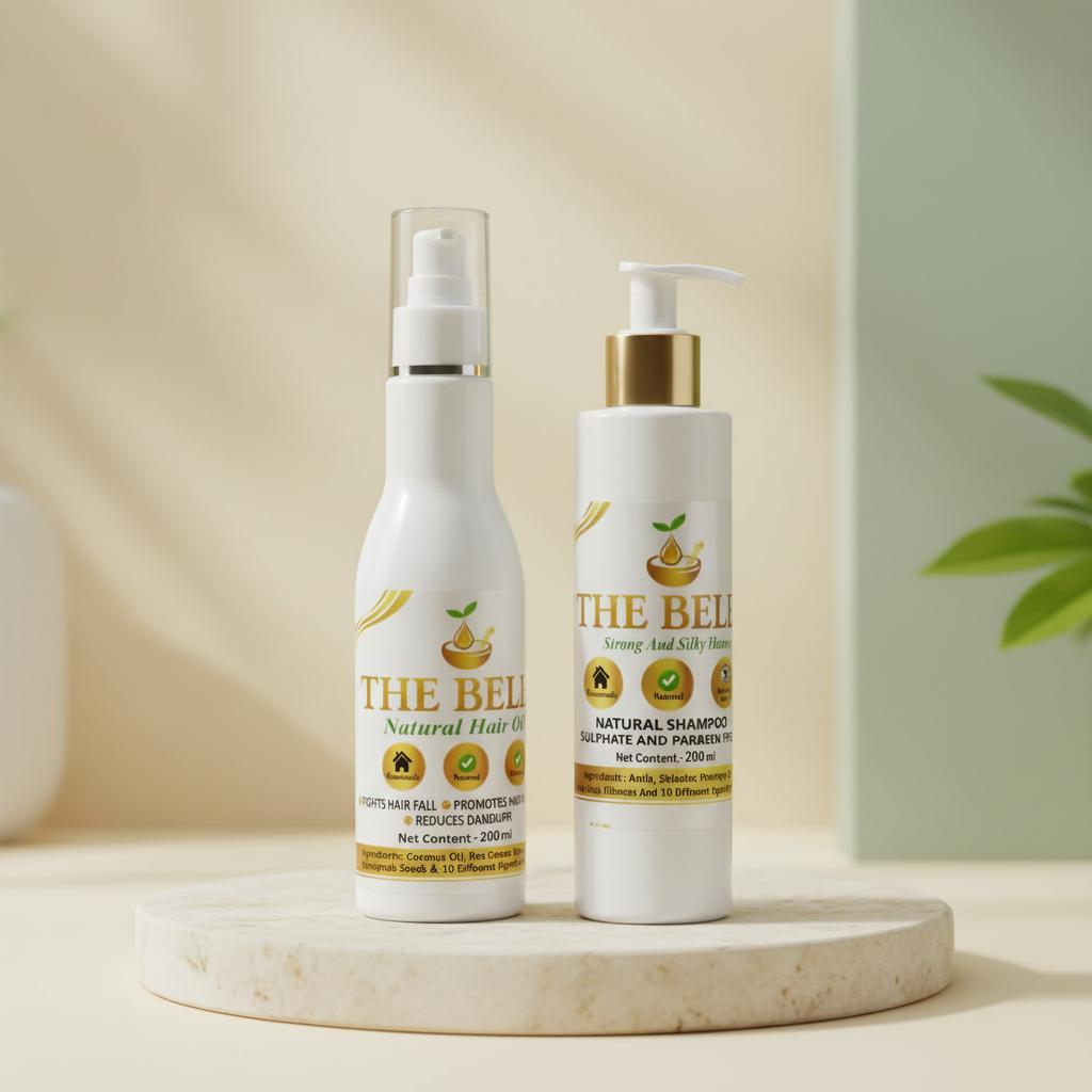 THE BELLE Hair Oil and Shampoo Combo Pack Of 200ml Herbal Daily Hair Care Nourishing Cleansing Healthy Looking Hair Premium Long Lasting