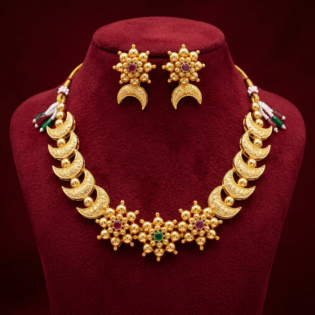 MARATHMOLA SAJ Suvarnachandrika choker Pack Of 1 Set Traditional Handcrafted Maharashtrian Ethnic Choker Necklace Matching Earrings Elegant Heritage Bridal Jewellery Collection
