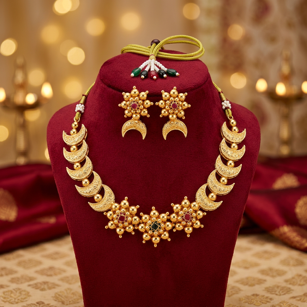 MARATHMOLA SAJ Suvarnachandrika choker Pack Of 1 Set Traditional Handcrafted Maharashtrian Ethnic Choker Necklace Matching Earrings Elegant Heritage Bridal Jewellery Collection