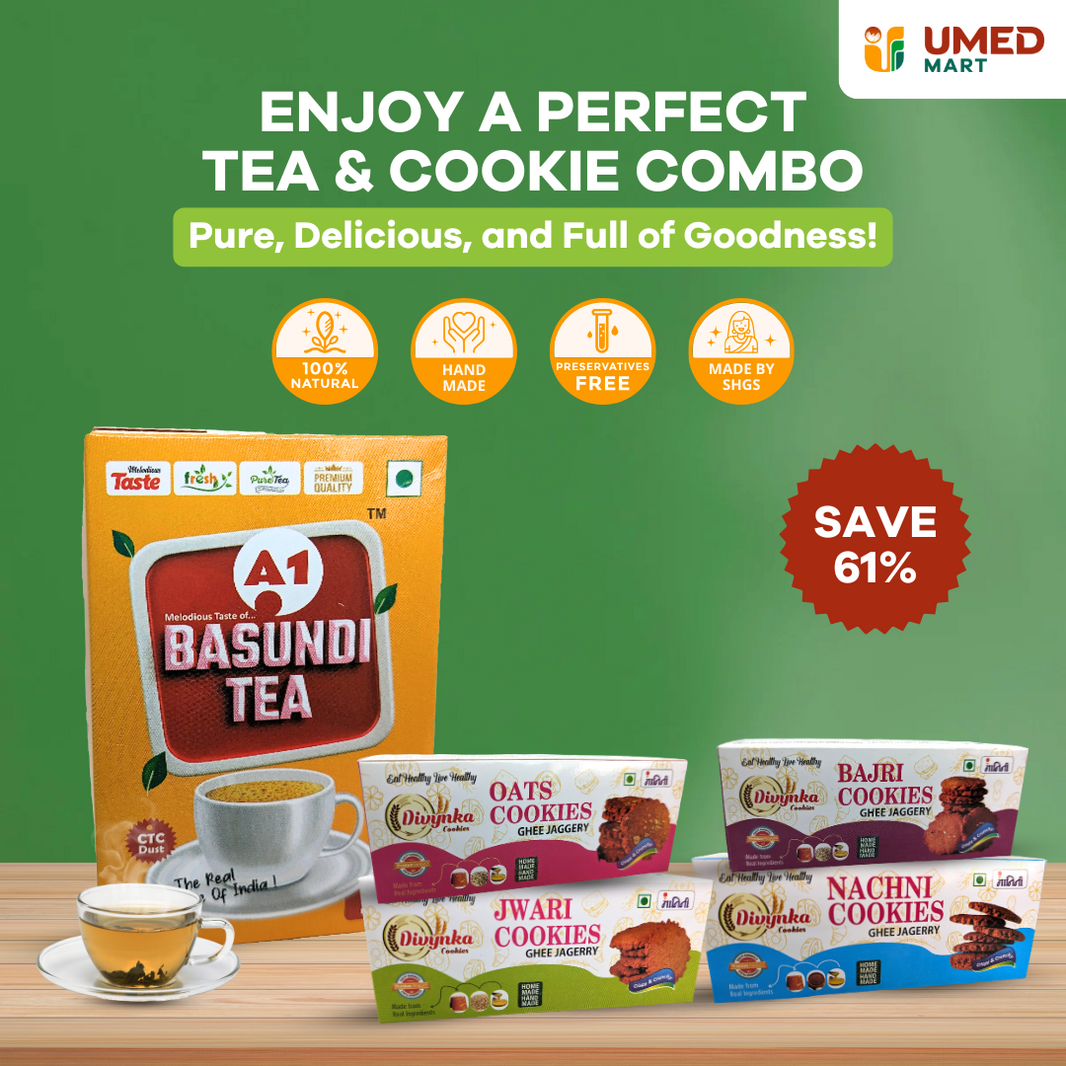 Tea-time Combo Pack Regular, A1 BASUNDI Natural Flavoured Tea Powder (100g) + DIVYNKA Hand-made Whole Grain Cookies (Oats, Jwari, Bajri, Nachni) (100g each)