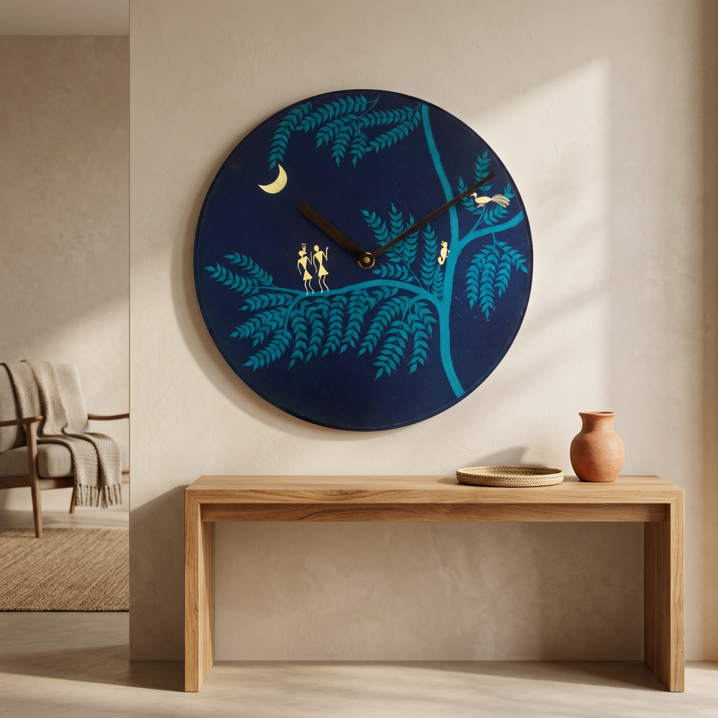 BHARARI CMRC Warli Blue Wall Clock Handcrafted Ethnic Tribal Design Pack of 1 Piece