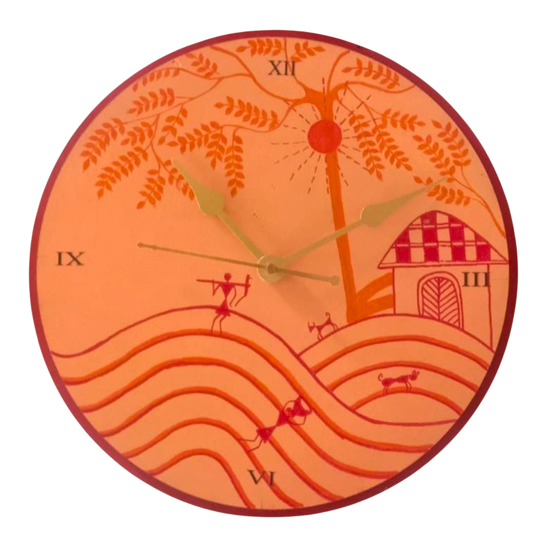 Bharari CMRC, Warli Painting Wall Clock Round, Handcrafted Unique Design, Pack of 1 Piece