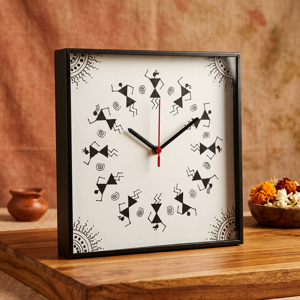 BHARARI CMRC Handmade Warli Painting Square Wall Clock Pack of 1 Piece Decorative Tribal Art Home Decor Unique Handcrafted Premium Design