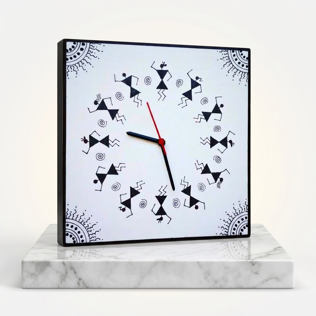 BHARARI CMRC Handmade Warli Painting Square Wall Clock Pack of 1 Piece Decorative Tribal Art Home Decor Unique Handcrafted Premium Design
