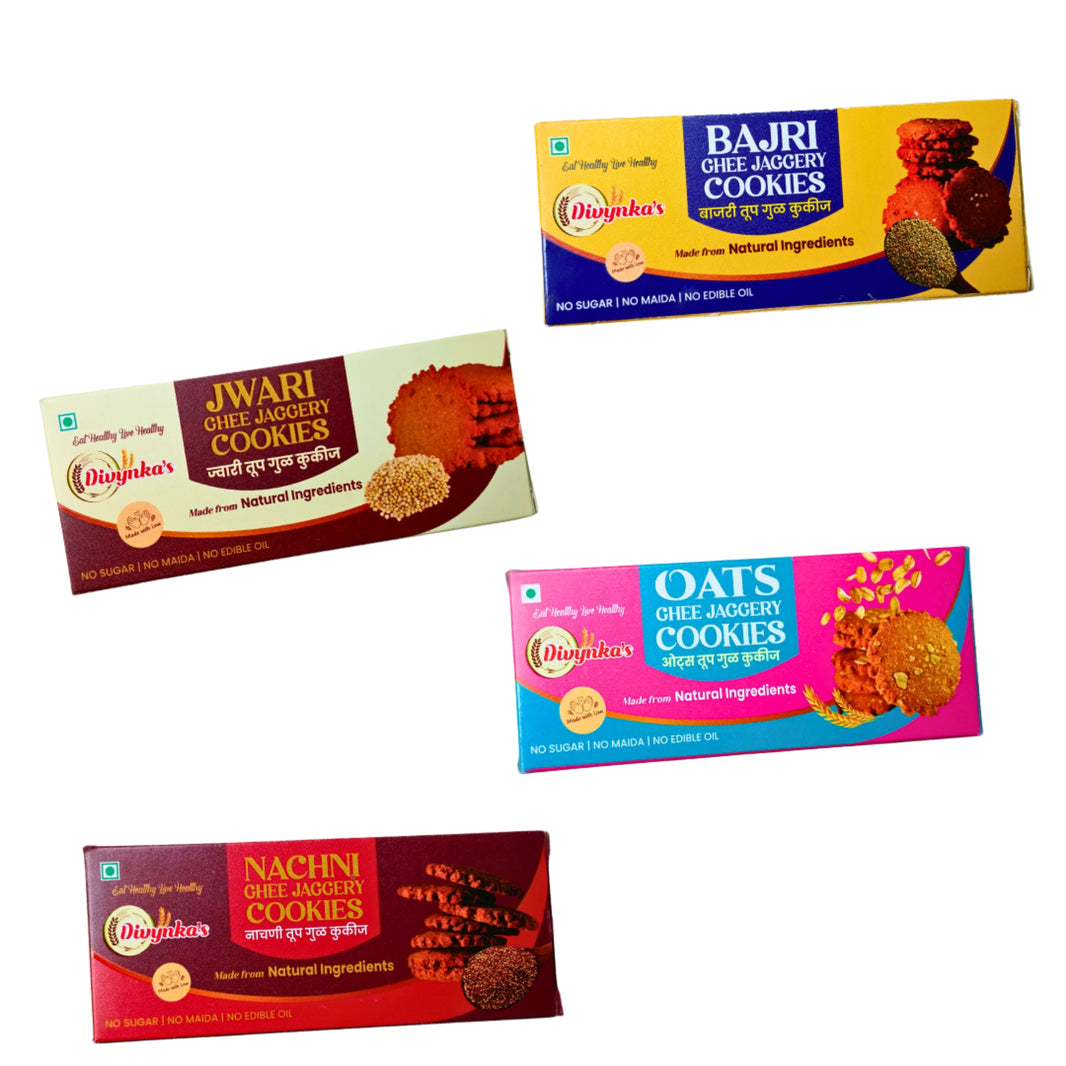 DIVYNKA Hand-made Whole Grain (Oats + Jwari + Bajri + Nachni) Cookies Combo Pack of 4, Made by Organic Jaggery, No Maida, No Artificial colour, Pack of 100 gm each