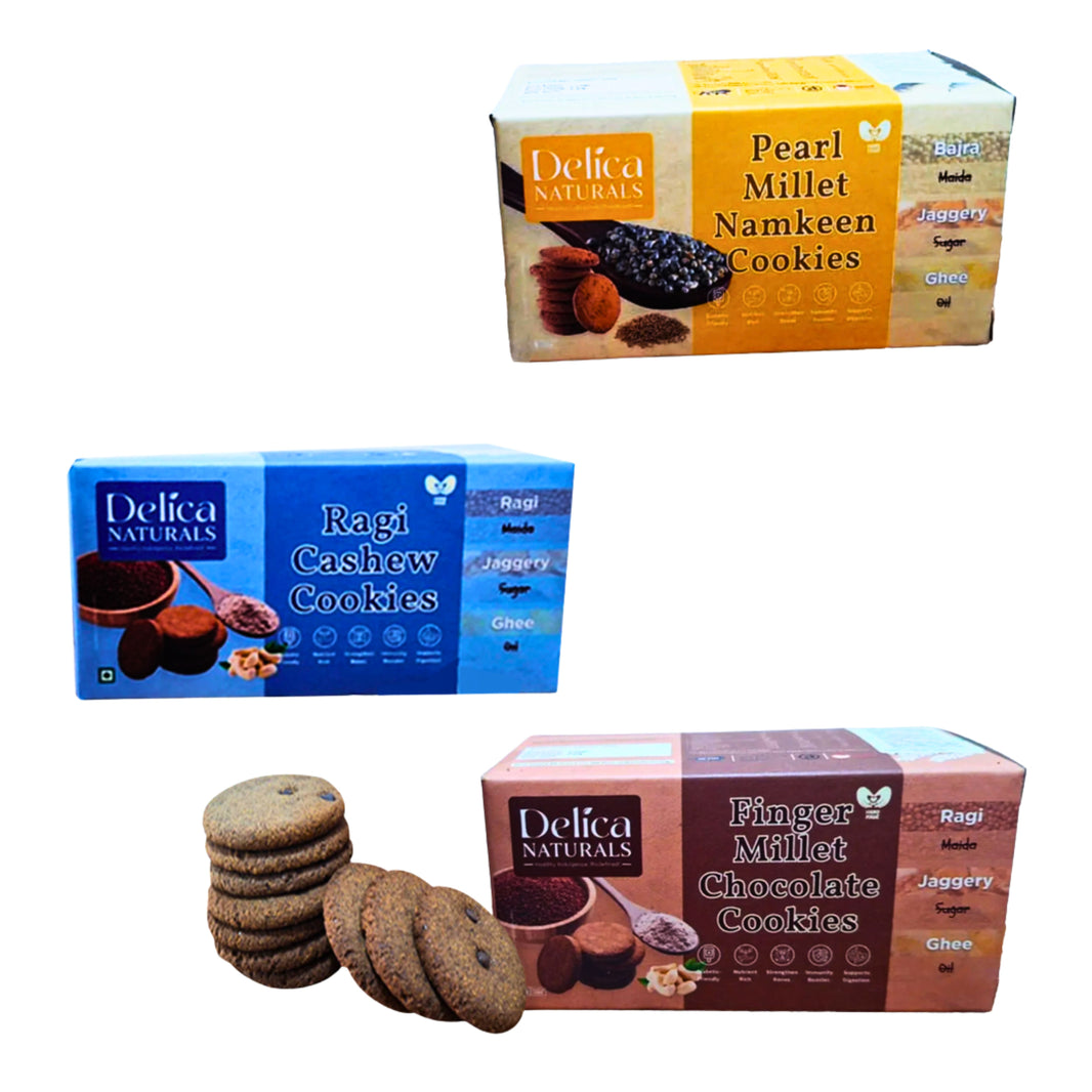 Delica Naturals Healthy Cookies Combo Pack of 3, Ragi Chocolate, Ragi Cashew Nut, Bajra Namkeen,  No Maida, No Sugar, Natural Ingredients, 100 gm each – UmedMart