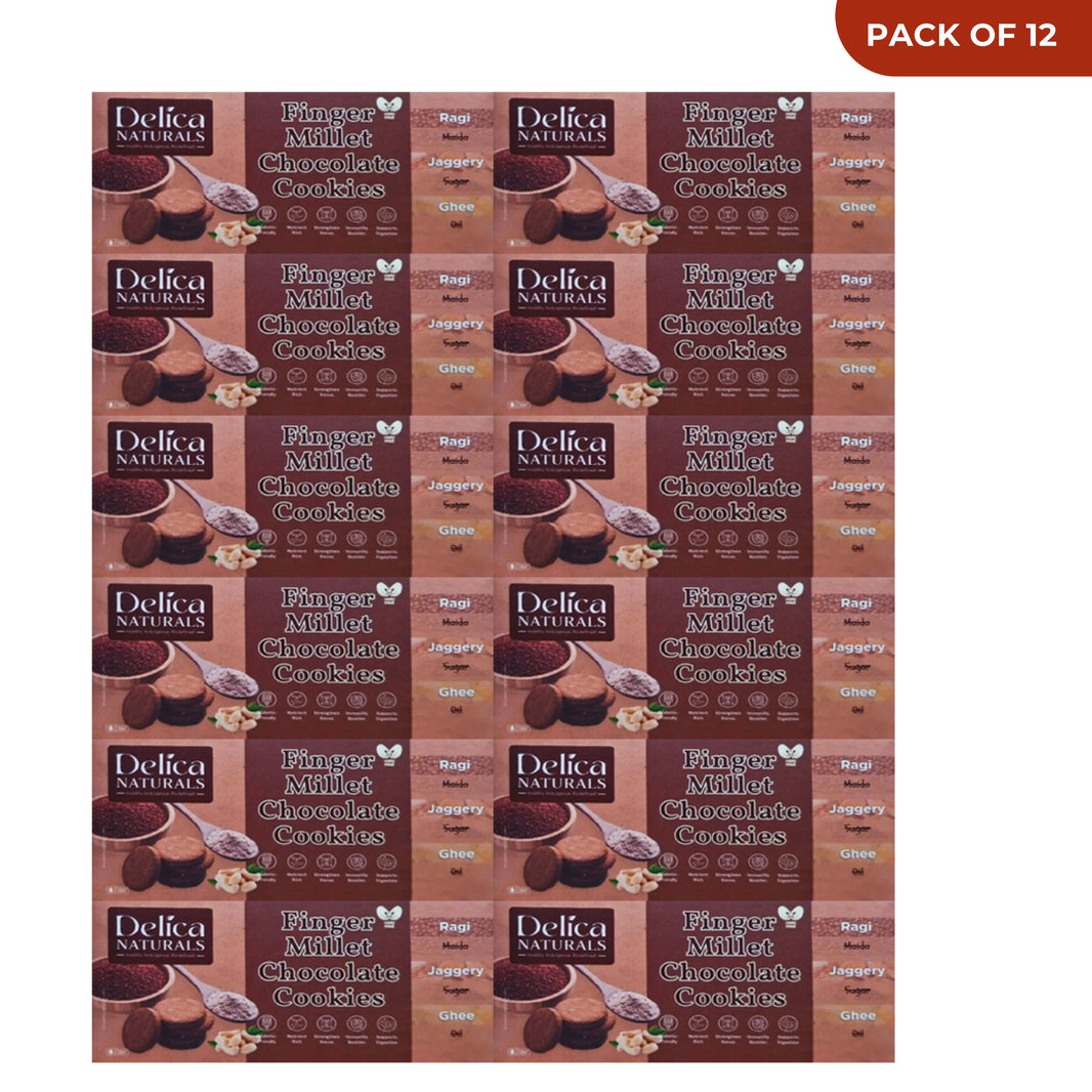 DELICA NATURALS Ragi (Nachani) Chocolate Cookies, Value Pack of 12, Stri Shakti SHG, Made by Jaggery & Ghee, No Maida, No Oil, No Sugar, Pack of 100 gm