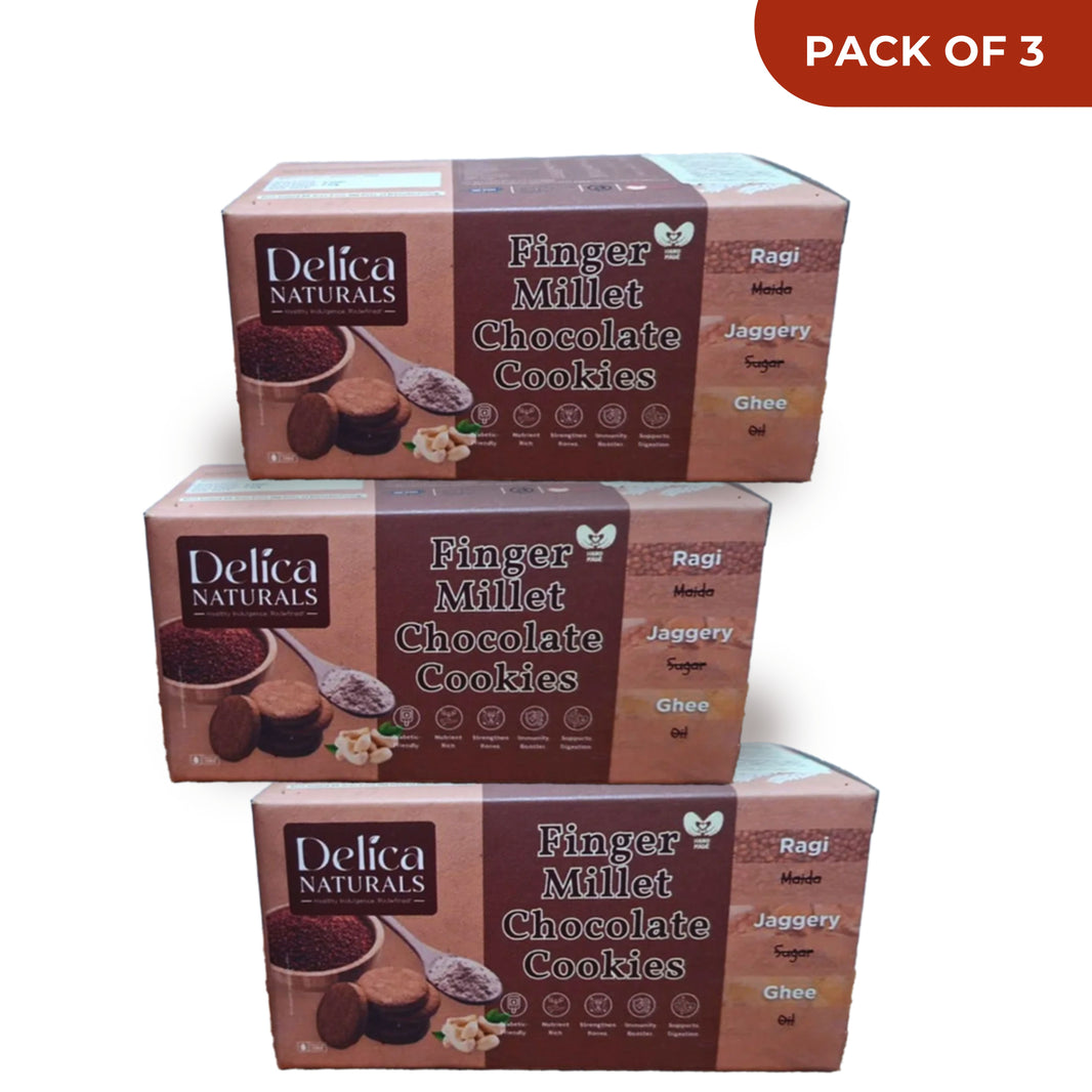 DELICA NATURALS Ragi (Nachani) Chocolate Cookies, Value Pack of 3, Stri Shakti SHG, Made by Jaggery & Ghee, No Maida, No Oil, No Sugar, Pack of 100 gm each
