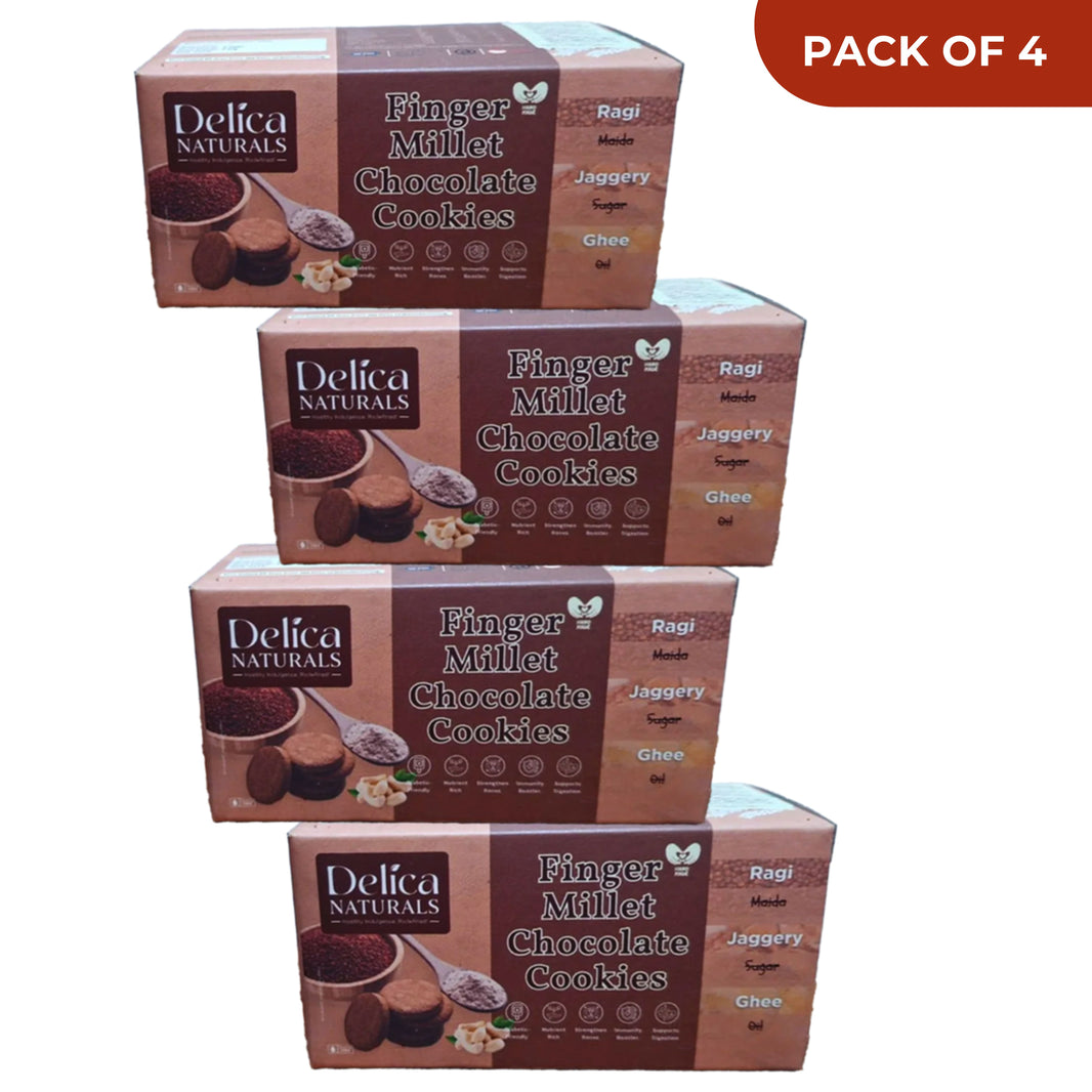 DELICA NATURALS Ragi (Nachani) Chocolate Cookies, Value Pack of 4, Stri Shakti SHG, Made by Jaggery & Ghee, No Maida, No Oil, No Sugar, Pack of 100 gm each