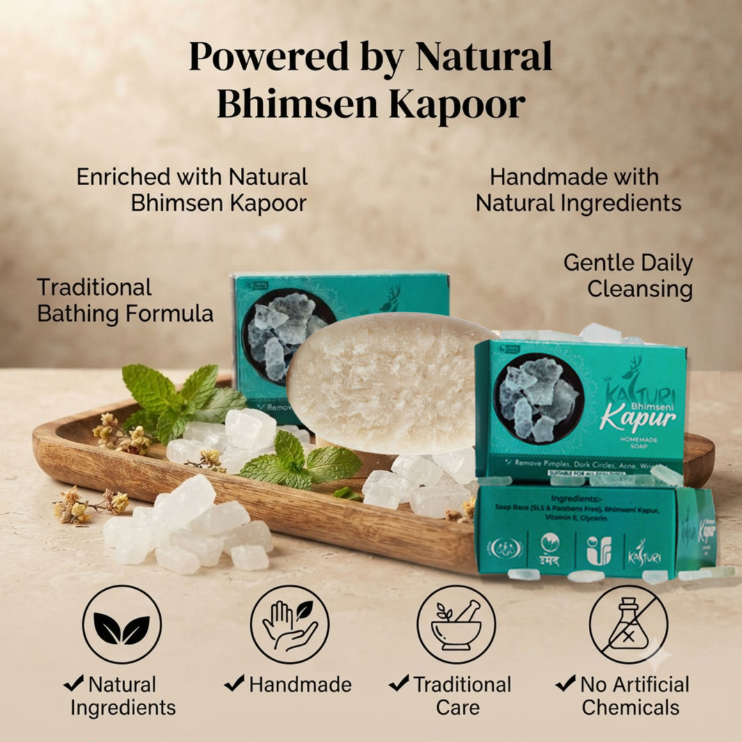 KASTURI Bhimsen Kapoor Soap Natural Handmade Bathing Bar No Artificial Chemicals Paraben Free Sulphate Free Cooling Refreshing Skin Care Pack of 100 gm