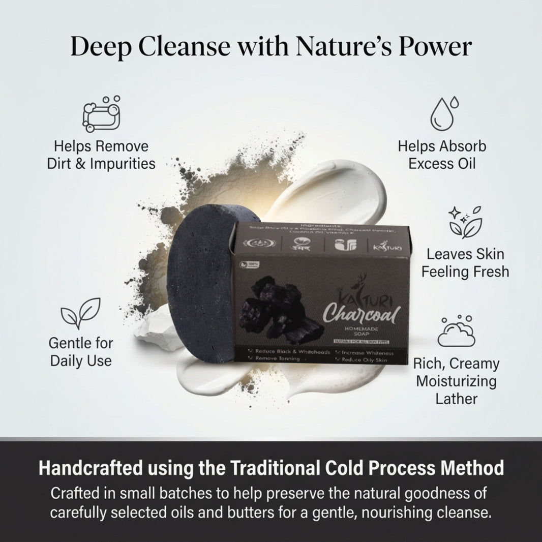 KASTURI Charcoal Soap Handmade Bathing Bar Natural Ingredients No Artificial Chemicals Paraben Free Sulphate Free Deep Cleansing Skin Care Pack of 100 gm