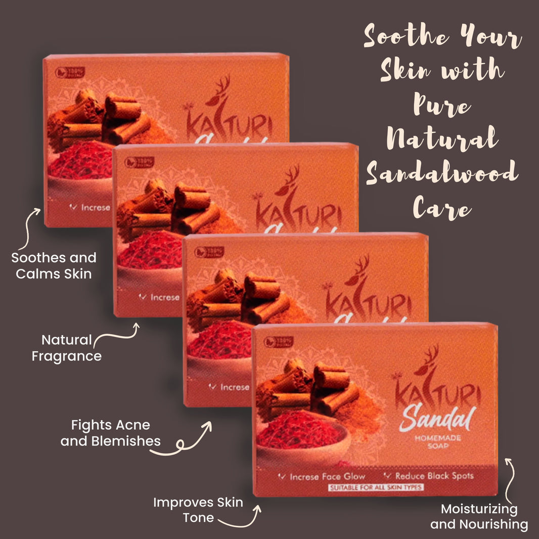 KASTURI Soap, Sandalwood, Pack of 4, Made By Natural Ingredients, No Artificial Chemical, Homemade Soap, Paraben Free, Sulphate Free, 100 gms each