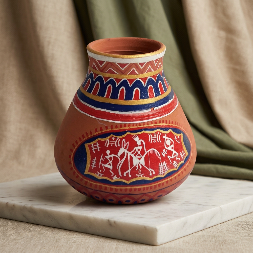 Nav Tejaswini Warli Unit FPO, Flower Pot, Handpainted Terracotta, Pack of 1,
