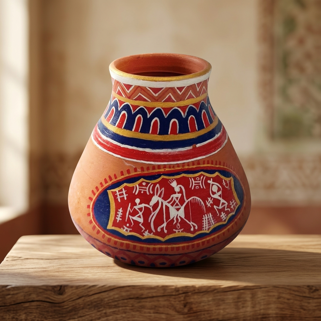 Nav Tejaswini Warli Unit FPO, Flower Pot, Handpainted Terracotta, Pack of 1,