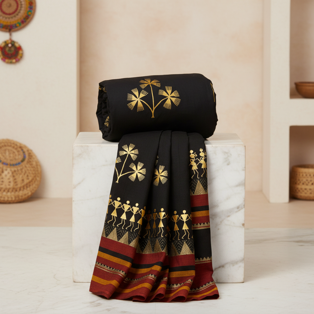Nav Tejaswini Warli Unit FPO, Saree Warli Painting, Handpainted Tribal Art, Pack of 1,