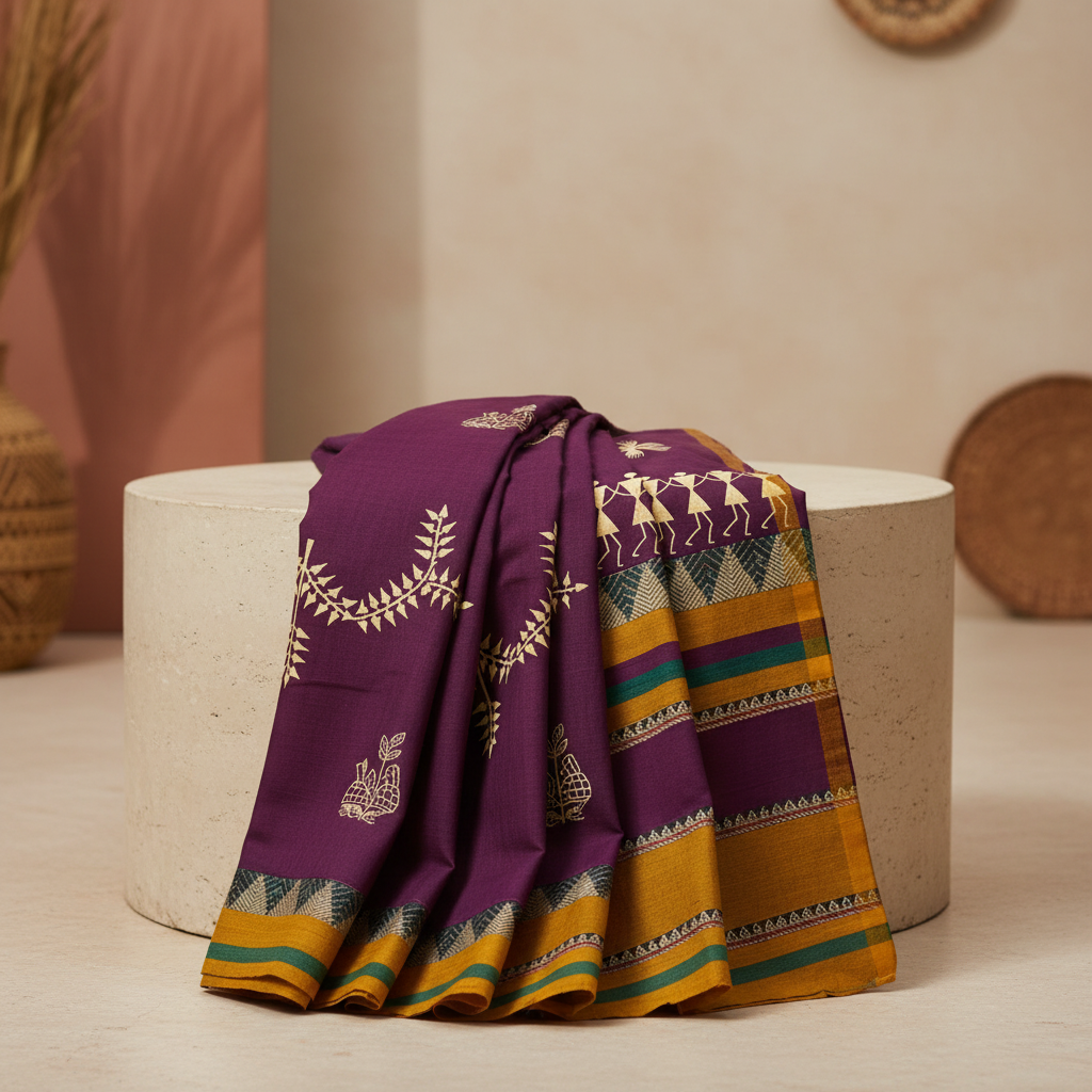 Nav Tejaswini Warli Unit FPO, Saree Warli Painting, Handpainted Tribal Art, Pack of 1,