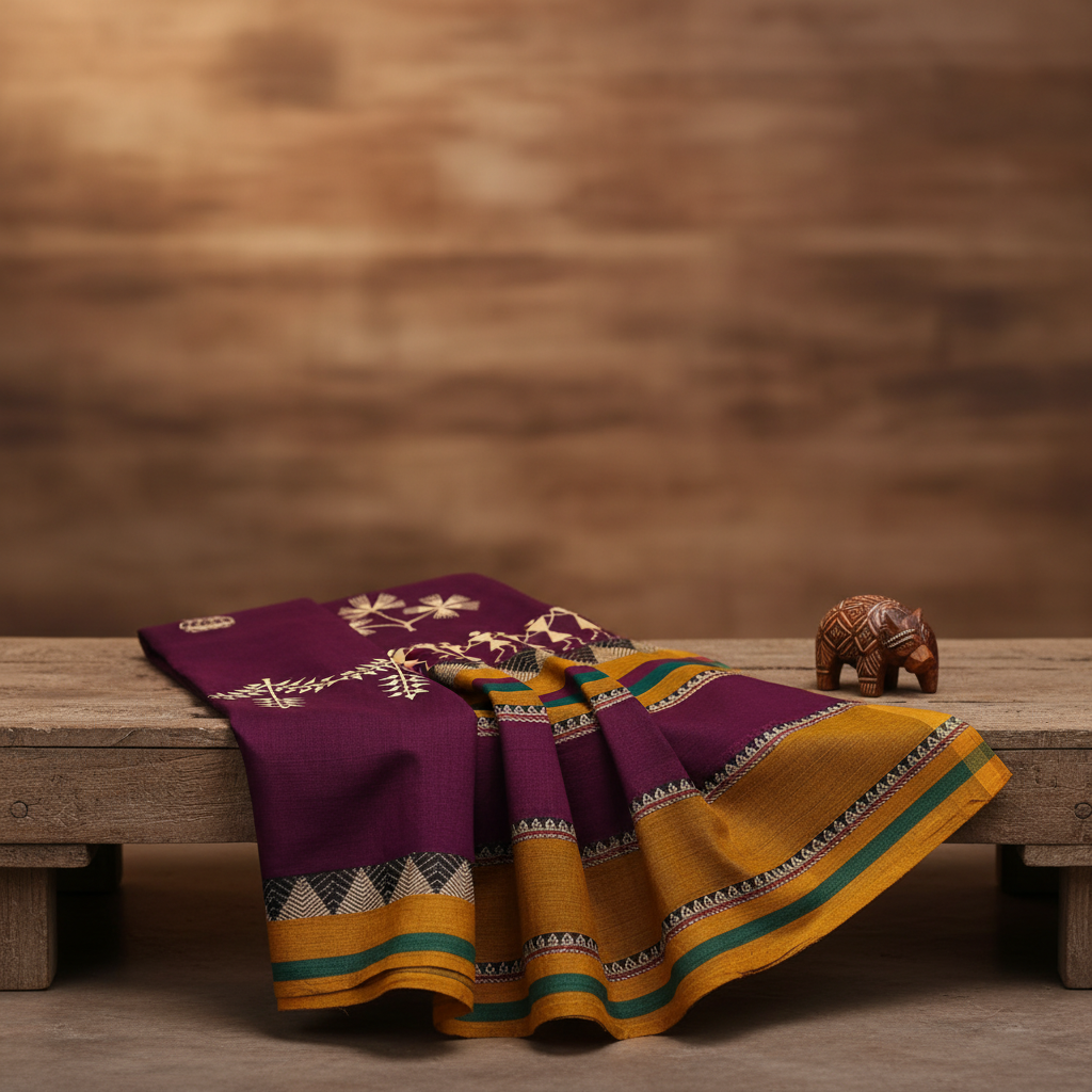 Nav Tejaswini Warli Unit FPO, Saree Warli Painting, Handpainted Tribal Art, Pack of 1,