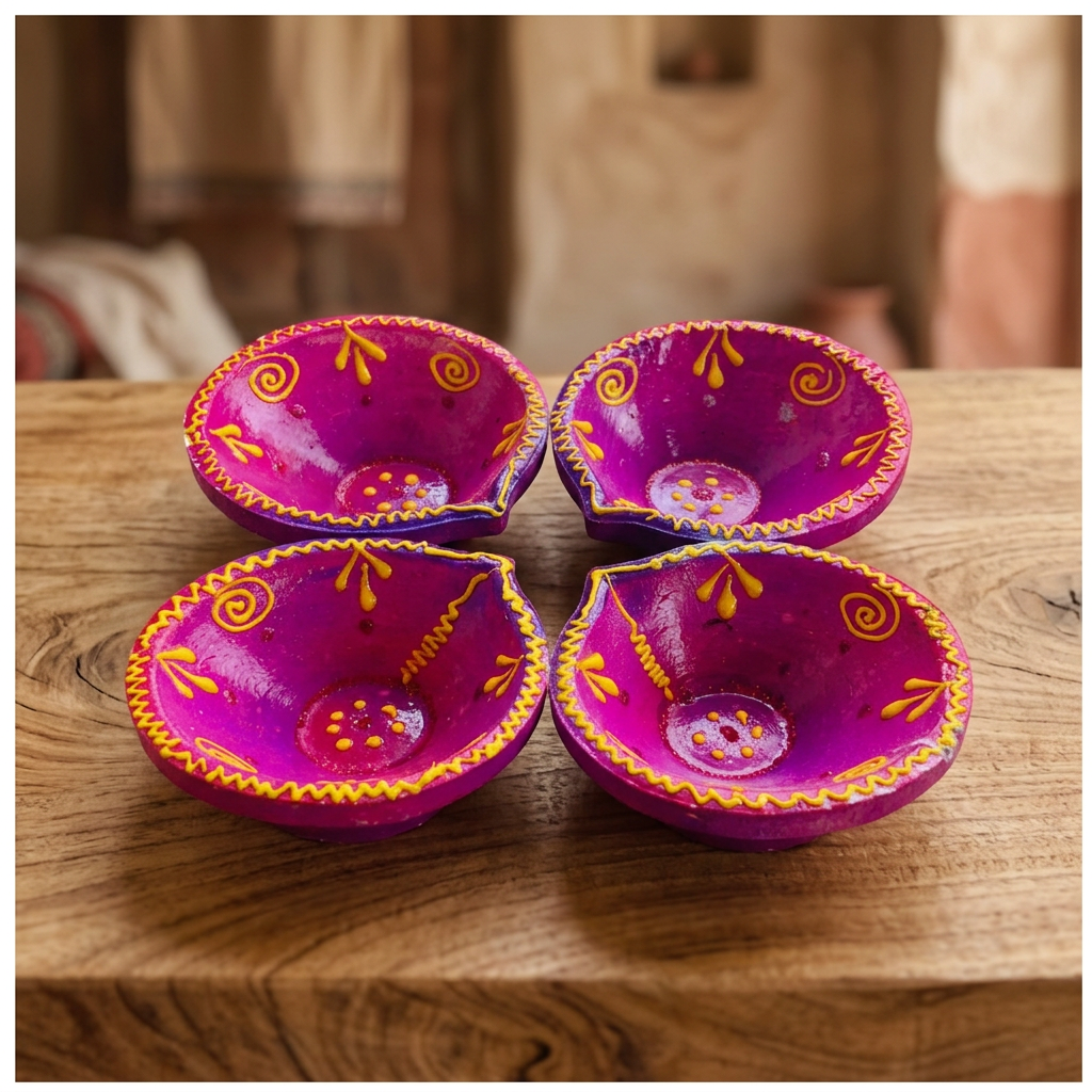 PRAGATI Traditional Earthen Diwali Clay Diya Handcrafted Lamp Made from Natural Soil Festive Pooja Lighting Pack of 4 Pieces
