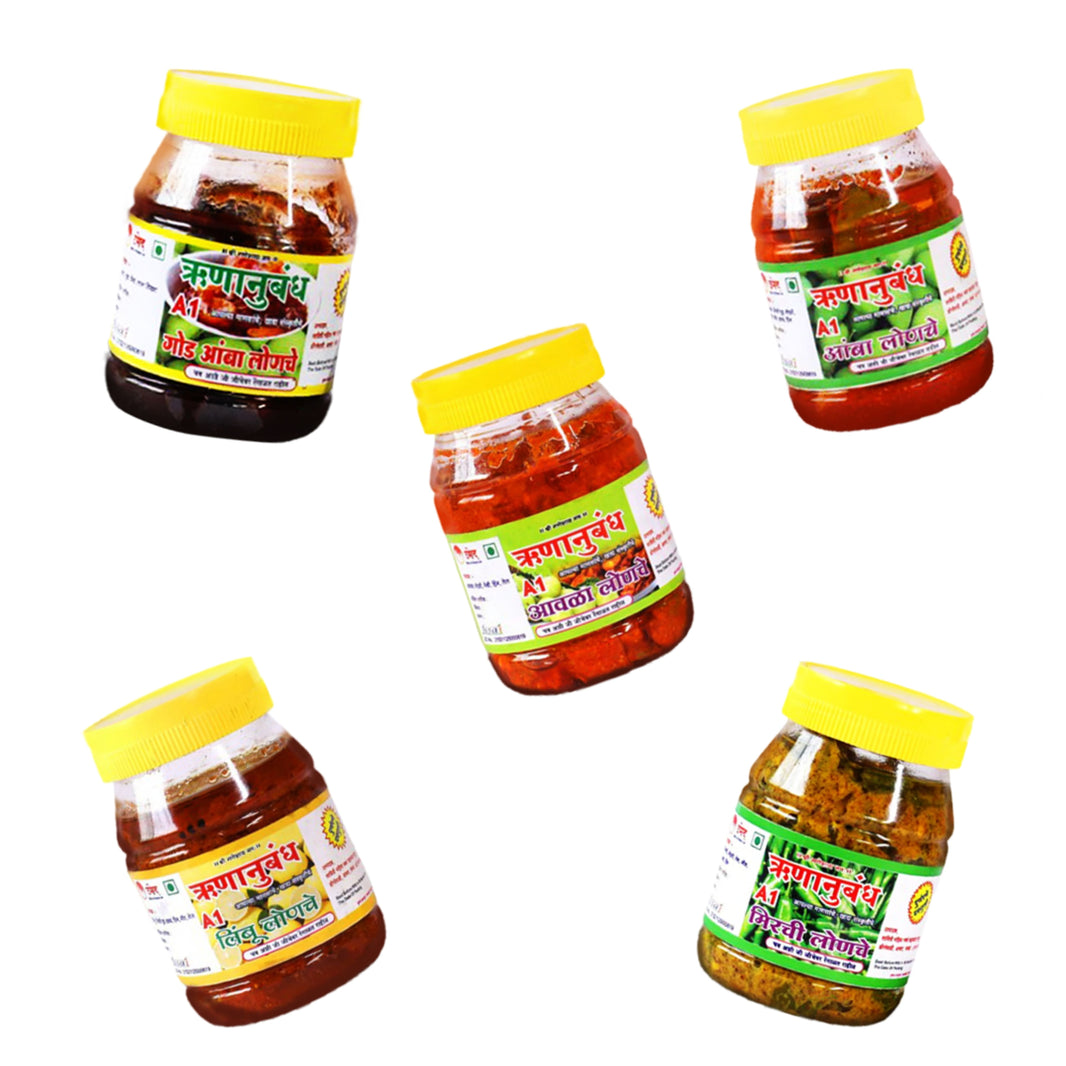 RUNANUBANDH Pickle Combo Pack of 5, Avala, Chilly, Lemon, Mango, Sweet Mango, Natural Ingredients, No Artificial Essence, 200 gm each – UmedMart