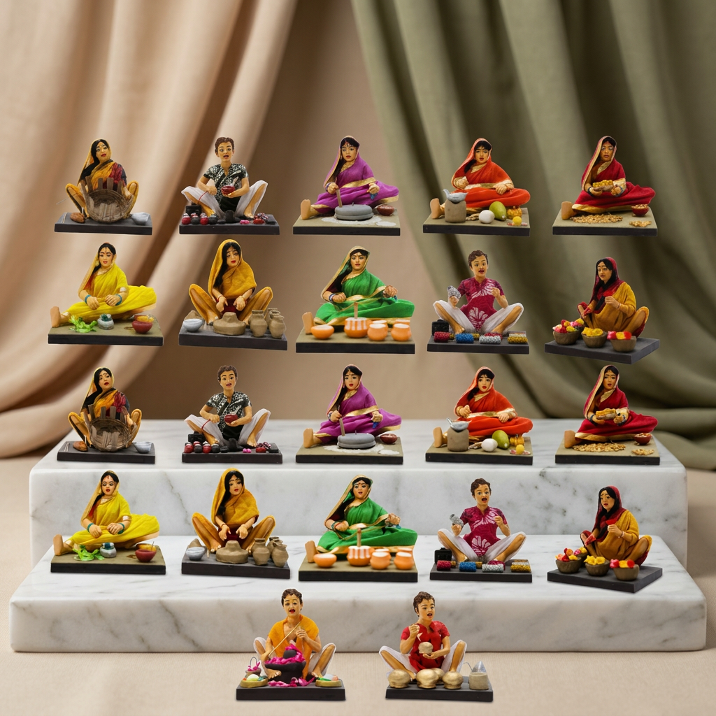 PRAGATI Handmade Traditional Village Life Terracotta Idol Set Pack of 24 Piece Cultural Decorative Clay Art Premium Home Decor Collection