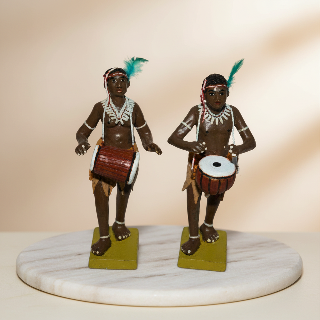 SADARAM Earthen Aadiwasi Dhol Players Handmade Clay Figurine Set Depicting Tribal Music Tradition Crafted by SHG Women Pack of 2