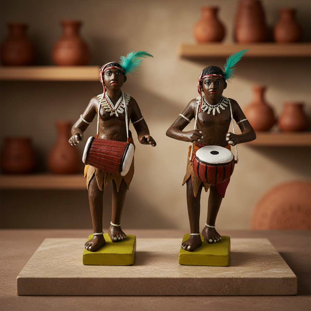 SADARAM Earthen Aadiwasi Dhol Players Handmade Clay Figurine Set Depicting Tribal Music Tradition Crafted by SHG Women Pack of 2