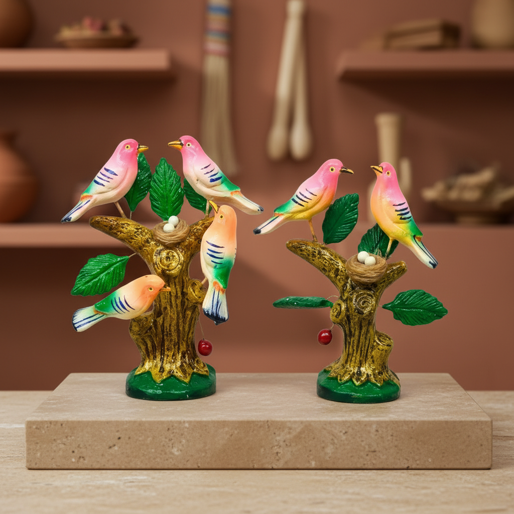 SADARAM Birds & Nest on Tree Handcrafted Clay Figurine