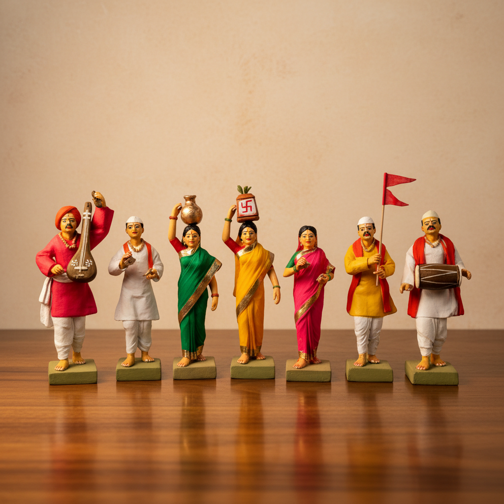 SADARAM Handmade Earthen Warkari Mandal Set of 7 Clay Idols Natural Devotional Folk Art Sculpture Pack of 1 Set