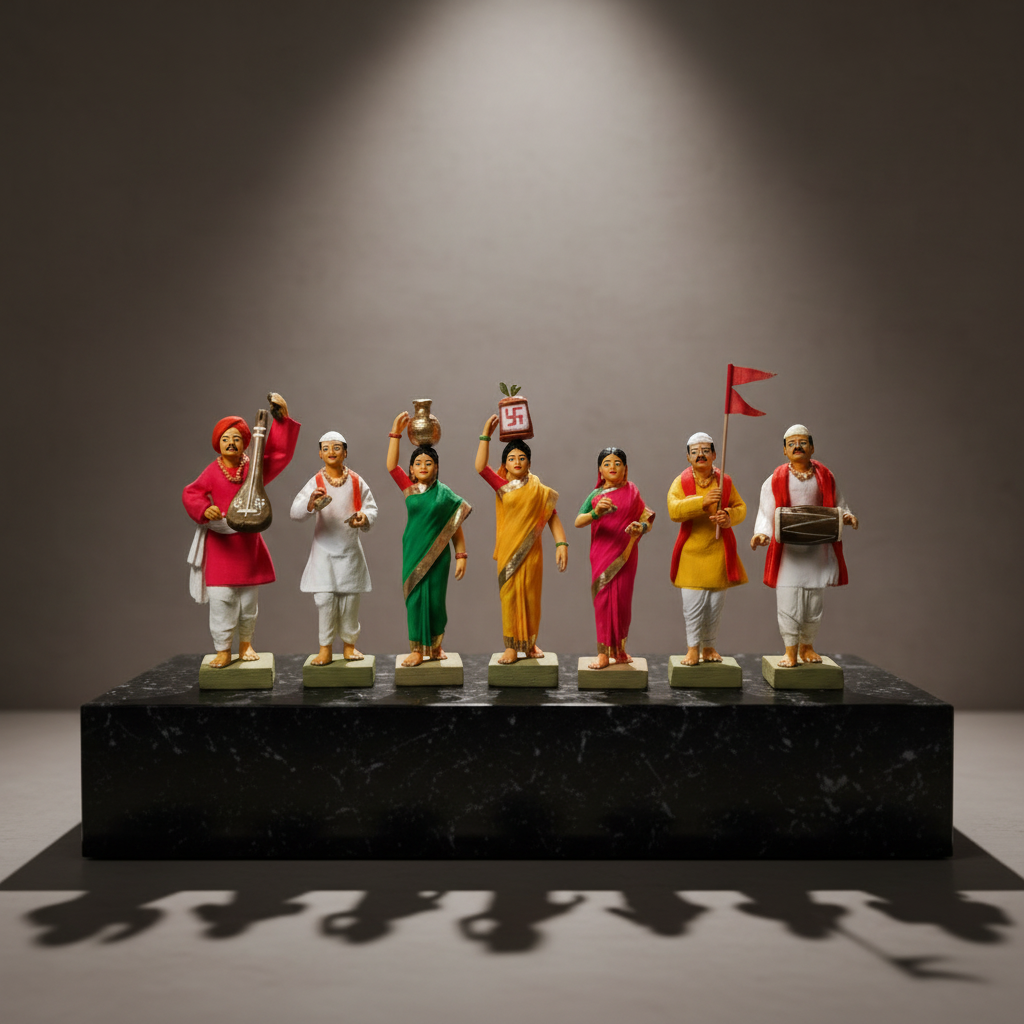 SADARAM Handmade Earthen Warkari Mandal Set of 7 Clay Idols Natural Devotional Folk Art Sculpture Pack of 1 Set