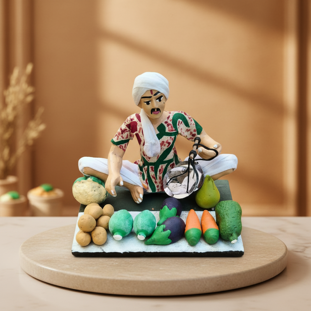 SADARAM Vegetable Seller Man Handmade Earthen Clay Figurine Depicting Rural Life Crafted by SHG Women Pack of 1