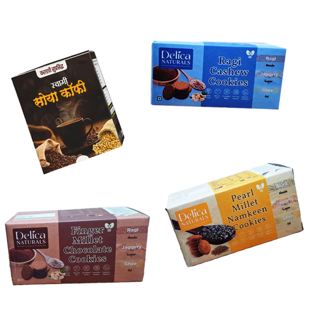 Swamy Soy Coffee & Delica Naturals Healthy Combo Pack of 4,  Soy Coffee, Ragi Chocolate, Ragi Cashew Nut & Bajra Namkeen Cookies , No Maida, Natural Ingredients | UmedMart