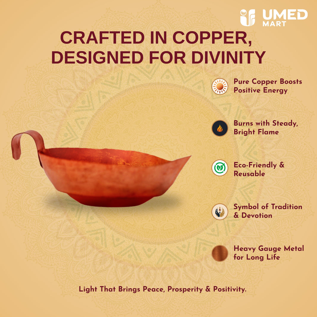 Copper Diya Decor (Small) – Handmade Meena Work Lamp by Pragati Mahila SHG Jalgaon (Pack of 1)