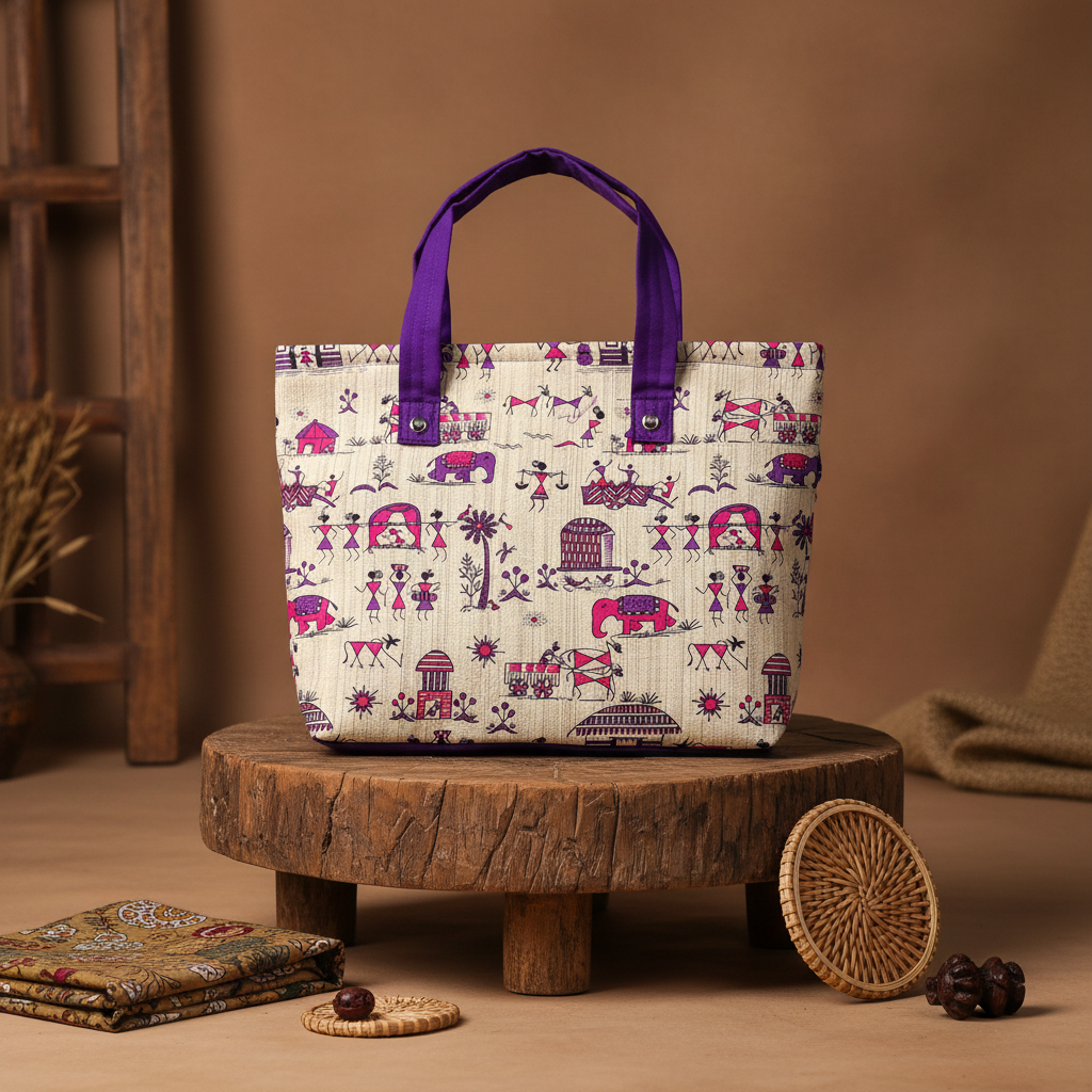 VEERBHADRA HANDMADE Warli Painting Jhola Pack Of 1 Item Handcrafted Tribal Art Cloth Bag Traditional Ethnic Shopping Travel Everyday Utility Companion