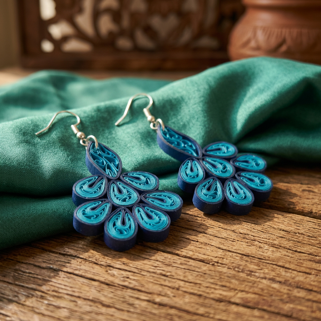KAGDI KALA Royal Neel Raj Mayur Earrings Pack Of 1 Pair Handcrafted Paper Quilling Peacock Inspired Ethnic Jewellery Elegant Festive Statement Fashion Collection
